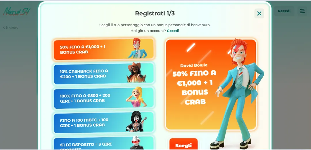 Neon54 bonus di benvenuto